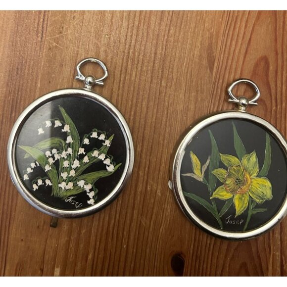 Vintage Hand-Painted Miniature Floral Wall Hanging Ornaments Silver Metal Frames - Picture 1 of 5